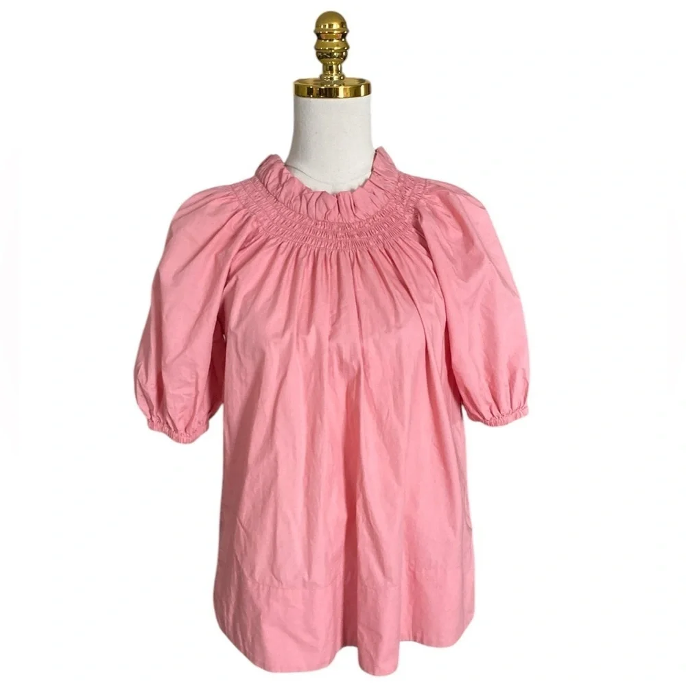 J CREW Smocked Ruffled Neck Puff-Sleeve Cotton Oversized Poplin Top Women's XXS